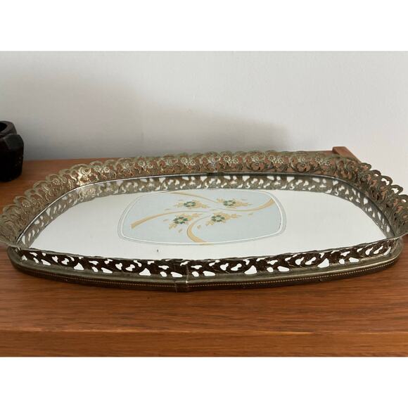 Handmade Other - Vintage Oval Brass Gold Tone Filigree Mirror Vanity Tray Floral Perfume Ornate